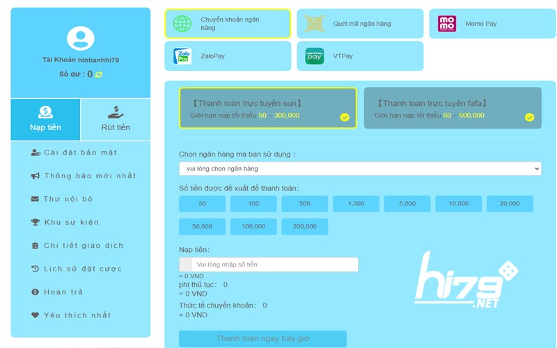 Các phương thức nạp tiền Hi79 hỗ trợ